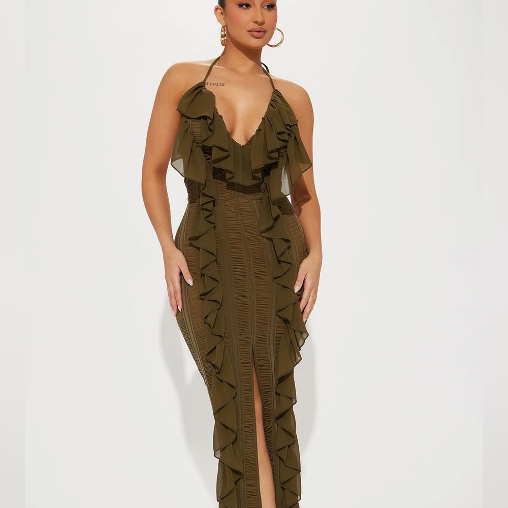 Elegant Olive Green Halter Dress (FashionNova Devine Ruffle Dress)